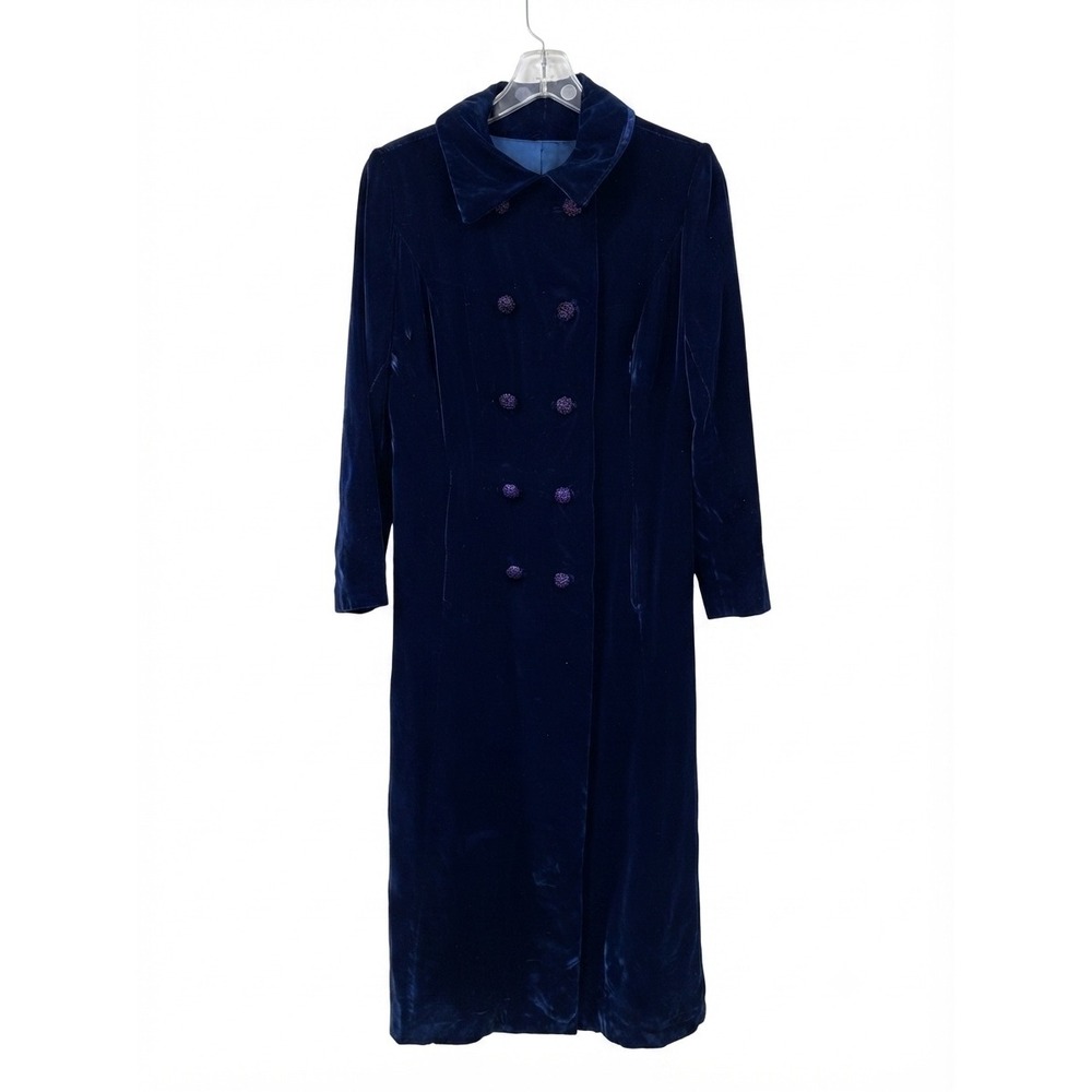 Vintage 70s Royal Blue Velvet Maxi Coat ILGWU Union Tag Purple Buttons Longline